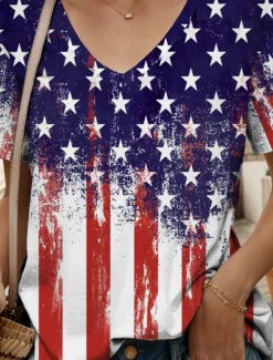 Women's Patriotic T Shirt Graphic American Flag Vintage Stylish Classic Red White And Blue Short Sleeve V Neck Regular Tops Daily Weekend Print Rainbow Summer Spring