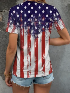 Women's Patriotic T Shirt Graphic American Flag Vintage Stylish Classic Red White And Blue Short Sleeve V Neck Regular Tops Daily Weekend Print Rainbow Summer Spring