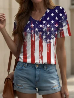 Women's Patriotic T Shirt Graphic American Flag Vintage Stylish Classic Red White And Blue Short Sleeve V Neck Regular Tops Daily Weekend Print Rainbow Summer Spring