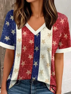 Women's Patriotic T Shirt Graphic Star Striped Vintage Stylish Modern Short Sleeve V Neck Regular Tops Daily Weekend Print Blue Summer Spring