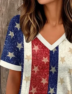 Women's Patriotic T Shirt Graphic Star Striped Vintage Stylish Modern Short Sleeve V Neck Regular Tops Daily Weekend Print Blue Summer Spring