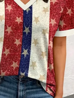Women's Patriotic T Shirt Graphic Star Striped Vintage Stylish Modern Short Sleeve V Neck Regular Tops Daily Weekend Print Blue Summer Spring