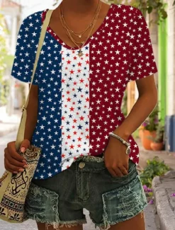 Women's Patriotic T Shirt Graphic Geometric Star Vintage Stylish Classic Short Sleeve V Neck Regular Tops Daily Weekend Print Black White Yellow Red Blue Summer Spring