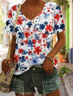 Women's Patriotic T Shirt Graphic Geometric Star Vintage Stylish Classic Short Sleeve V Neck Regular Tops Daily Weekend Print Black White Yellow Red Blue Summer Spring