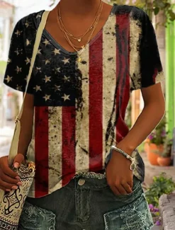 Women's Patriotic T Shirt Graphic Geometric Star Vintage Stylish Classic Short Sleeve V Neck Regular Tops Daily Weekend Print Black White Yellow Red Blue Summer Spring
