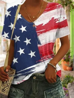 Women's Patriotic T Shirt Graphic Geometric Star Vintage Stylish Classic Short Sleeve V Neck Regular Tops Daily Weekend Print Black White Yellow Red Blue Summer Spring