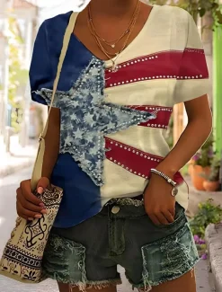Women's Patriotic T Shirt Graphic Geometric Star Vintage Stylish Classic Short Sleeve V Neck Regular Tops Daily Weekend Print Black White Yellow Red Blue Summer Spring