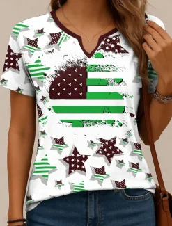 Women's Patriotic T Shirt Graphic Flag Vintage Stylish Classic Short Sleeve Notched Neck Regular Tops Daily Weekend Print Red Navy Blue Purple Green Summer Spring