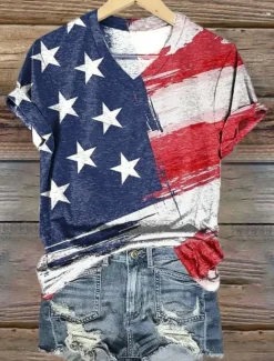 Women's Patriotic T Shirt Graphic American Flag Vintage Stylish Classic Short Sleeve V Neck Regular Tops Daily Print White Red Blue Red / Blue Summer Spring