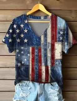 Women's Patriotic T Shirt Graphic American Flag Vintage Stylish Classic Short Sleeve V Neck Regular Tops Daily Print White Red Blue Red / Blue Summer Spring