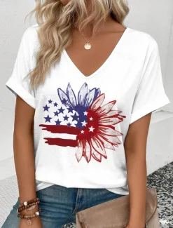 Women's Patriotic T Shirt Graphic American Flag Vintage Stylish Short Sleeve V Neck Regular Tops Daily Weekend Print Red Royal Blue Blue Summer Spring