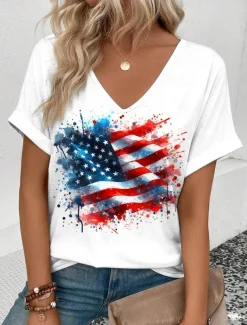 Women's Patriotic T Shirt Graphic American Flag Vintage Stylish Short Sleeve V Neck Regular Tops Daily Weekend Print Red Royal Blue Blue Summer Spring