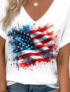 Women's Patriotic T Shirt Graphic American Flag Vintage Stylish Short Sleeve V Neck Regular Tops Daily Weekend Print Red Royal Blue Blue Summer Spring