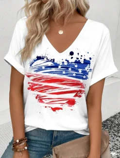 Women's Patriotic T Shirt Graphic American Flag Vintage Stylish Short Sleeve V Neck Regular Tops Daily Weekend Print Red Royal Blue Blue Summer Spring