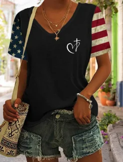Women's Patriotic T Shirt Graphic Flag Vintage Stylish Classic Short Sleeve V Neck Regular Tops Daily Print Black Blue Purple Green Summer Spring