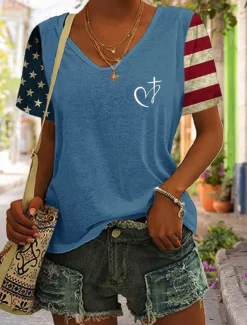 Women's Patriotic T Shirt Graphic Flag Vintage Stylish Classic Short Sleeve V Neck Regular Tops Daily Print Black Blue Purple Green Summer Spring