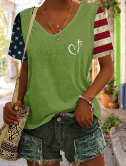 Women's Patriotic T Shirt Graphic Flag Vintage Stylish Classic Short Sleeve V Neck Regular Tops Daily Print Black Blue Purple Green Summer Spring