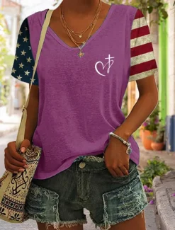 Women's Patriotic T Shirt Graphic Flag Vintage Stylish Classic Short Sleeve V Neck Regular Tops Daily Print Black Blue Purple Green Summer Spring