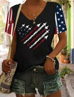 Women's Patriotic T Shirt Flag Flag National Flag Stylish Casual Red White And Blue Short Sleeve V Neck Regular Tops Daily Print Black Summer Spring