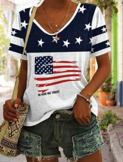 Women's Patriotic T Shirt Graphic Flag Stylish Casual Short Sleeve V Neck Regular Tops Daily Print Black Red Blue Summer Spring
