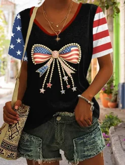 Women's Patriotic T Shirt Graphic Flag Stylish Casual Short Sleeve V Neck Regular Tops Daily Print Black Red Blue Summer Spring