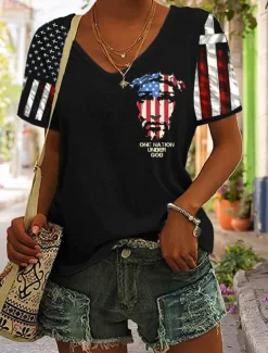 Women's Patriotic T Shirt Graphic Flag Stylish Casual Short Sleeve V Neck Regular Tops Daily Print Black Red Blue Summer Spring