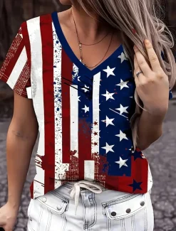 Women's Patriotic T Shirt Flag Stylish Casual Red White And Blue Short Sleeve V Neck Regular Tops Daily Print Blue Summer
