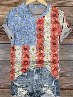 Women's Patriotic T Shirt Heart Floral Graphic Vintage Stylish Casual Short Sleeve Crew Neck Round Neck Regular Tops Daily Print Red Blue Summer Spring