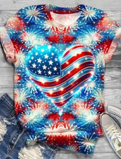 Women's Patriotic T Shirt Heart Floral Graphic Vintage Stylish Casual Short Sleeve Crew Neck Round Neck Regular Tops Daily Print Red Blue Summer Spring