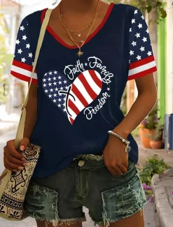 Women's Patriotic T Shirt Heart Graphic American Flag Vintage Stylish Classic Short Sleeve V Neck Regular Tops Daily Weekend Print Black White Red Blue Summer Spring