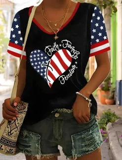 Women's Patriotic T Shirt Heart Graphic American Flag Vintage Stylish Classic Short Sleeve V Neck Regular Tops Daily Weekend Print Black White Red Blue Summer Spring