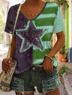 Women's Patriotic T Shirt Heart Graphic Flag Stylish Casual Short Sleeve V Neck Regular Tops Daily Print Blue Purple Brown Green Summer Spring