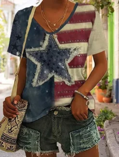 Women's Patriotic T Shirt Heart Graphic Flag Stylish Casual Short Sleeve V Neck Regular Tops Daily Print Blue Purple Brown Green Summer Spring