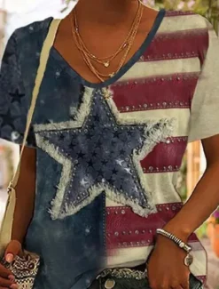 Women's Patriotic T Shirt Heart Graphic Flag Stylish Casual Short Sleeve V Neck Regular Tops Daily Print Blue Purple Brown Green Summer Spring