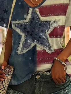 Women's Patriotic T Shirt Heart Graphic Flag Stylish Casual Short Sleeve V Neck Regular Tops Daily Print Blue Purple Brown Green Summer Spring