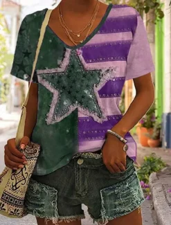 Women's Patriotic T Shirt Heart Graphic Flag Stylish Casual Short Sleeve V Neck Regular Tops Daily Print Blue Purple Brown Green Summer Spring