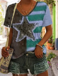 Women's Patriotic T Shirt Heart Graphic Flag Stylish Casual Short Sleeve V Neck Regular Tops Daily Print Blue Purple Brown Green Summer Spring