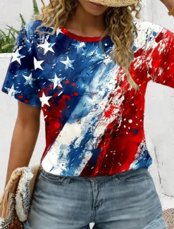 Women's Patriotic T Shirt Graphic Flag Flag Vintage Stylish Classic Red White And Blue Short Sleeve Crew Neck Round Neck Regular Tops Daily Print Red / Blue
