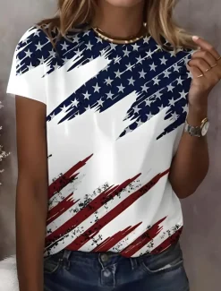 Women's Patriotic T Shirt Graphic Flag American Flag Vintage Stylish Classic Short Sleeve Crew Neck Regular Tops Daily Weekend Print White Red Summer Spring