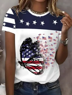 Women's Patriotic T Shirt Graphic Flag American Flag Vintage Stylish Classic Short Sleeve Crew Neck Regular Tops Daily Weekend Print White Red Summer Spring