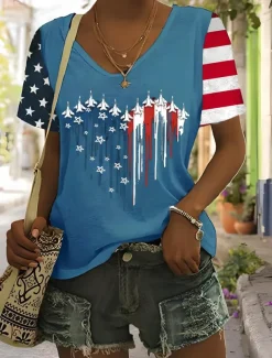 Women's Patriotic T Shirt Graphic American Flag Vintage Stylish Classic Short Sleeve V Neck Regular Tops Daily Weekend Print Black Summer Spring
