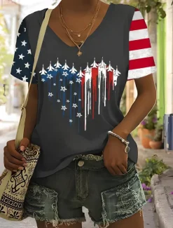 Women's Patriotic T Shirt Graphic American Flag Vintage Stylish Classic Short Sleeve V Neck Regular Tops Daily Weekend Print Black Summer Spring