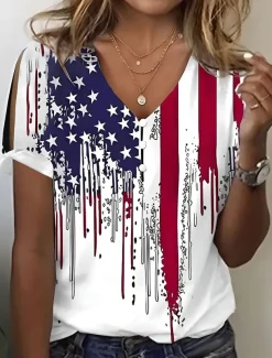Women's Patriotic T Shirt Graphic American Flag Vintage Stylish Classic Short Sleeve V Neck Regular Tops Daily Going out Weekend Print White Red Blue Red / Blue