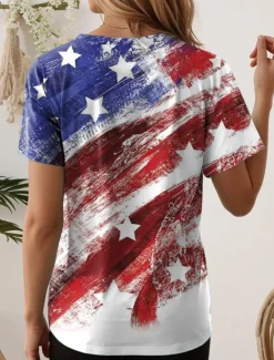 Women's Patriotic T Shirt Graphic American Flag Vintage Stylish Classic Short Sleeve V Neck Regular Tops Daily Going out Weekend Print White Red Blue Red / Blue