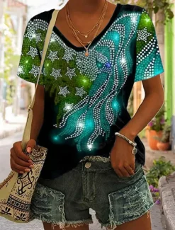 Women's Patriotic T Shirt Graphic Flag Vintage Stylish Classic Short Sleeve V Neck Regular Tops Daily Print Black Purple Green Summer Spring