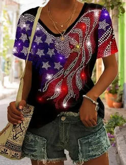 Women's Patriotic T Shirt Graphic Flag Vintage Stylish Classic Short Sleeve V Neck Regular Tops Daily Print Black Purple Green Summer Spring