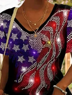 Women's Patriotic T Shirt Graphic Flag Vintage Stylish Classic Short Sleeve V Neck Regular Tops Daily Print Black Purple Green Summer Spring