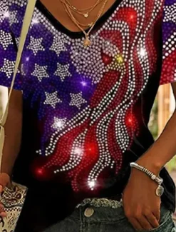 Women's Patriotic T Shirt Graphic Flag Vintage Stylish Classic Short Sleeve V Neck Regular Tops Daily Print Black Purple Green Summer Spring