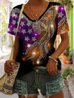 Women's Patriotic T Shirt Graphic Flag Vintage Stylish Classic Short Sleeve V Neck Regular Tops Daily Print Black Purple Green Summer Spring