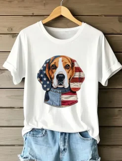 Women's Patriotic T Shirt Graphic Animal Flag Vintage Stylish Casual Short Sleeve Crew Neck Round Neck Regular Tops Daily Print Maroon Red Blue Summer Spring